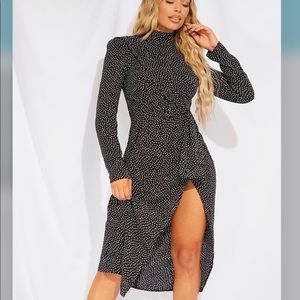PLT Mock Neck High Slit Long Sleeve Dress